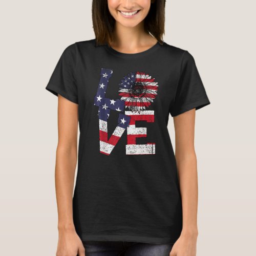 4th Of July Love Sunflower Patriotic American Flag T_Shirt