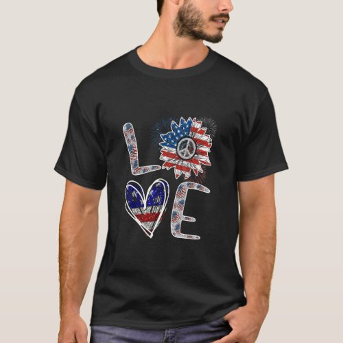 4th Of July Love Sunflower Patriotic American Flag T_Shirt