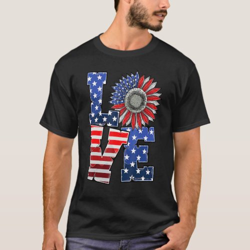 4th Of July Love Sunflower Patriotic American Usa  T_Shirt