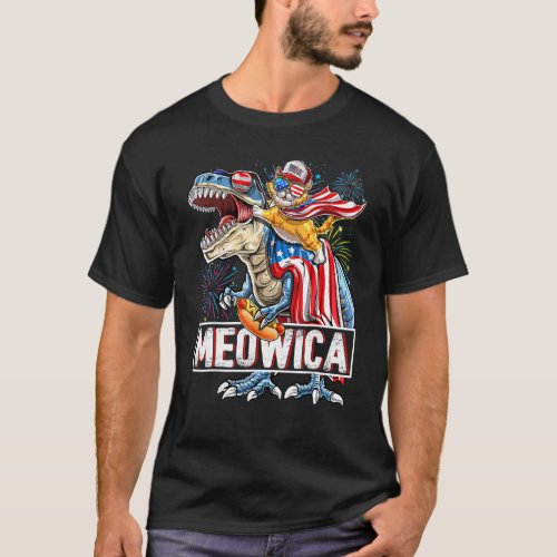 4th Of July  Meowica Cat Rex Dinosaur Kids T_Shirt