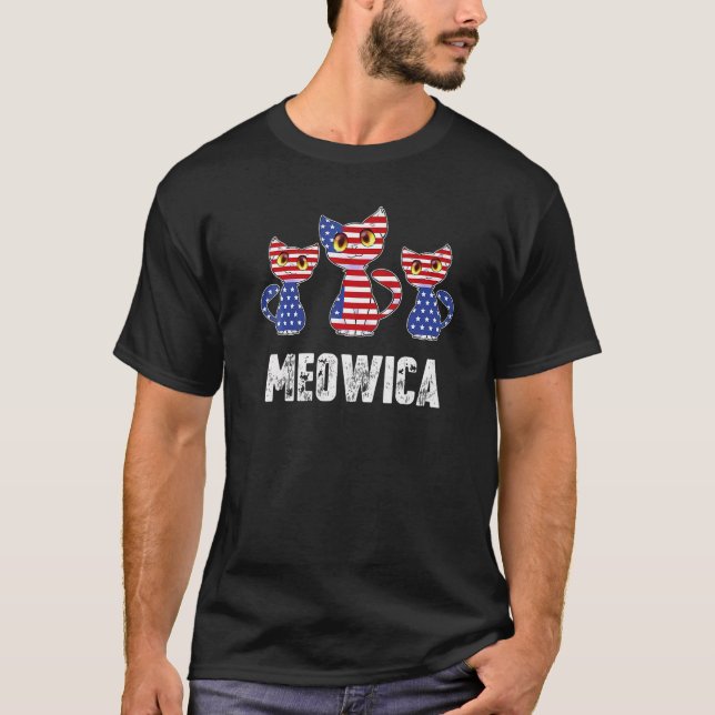 4th of July Meowica Kitty Cat USA America Flag Pat T-Shirt (Front)