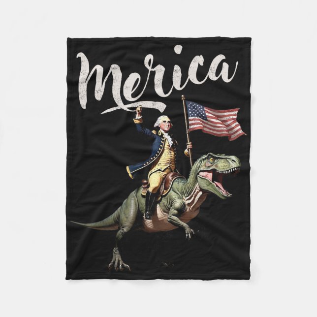 4th Of July Merica George Washington Riding A Dino Fleece Blanket (Front)