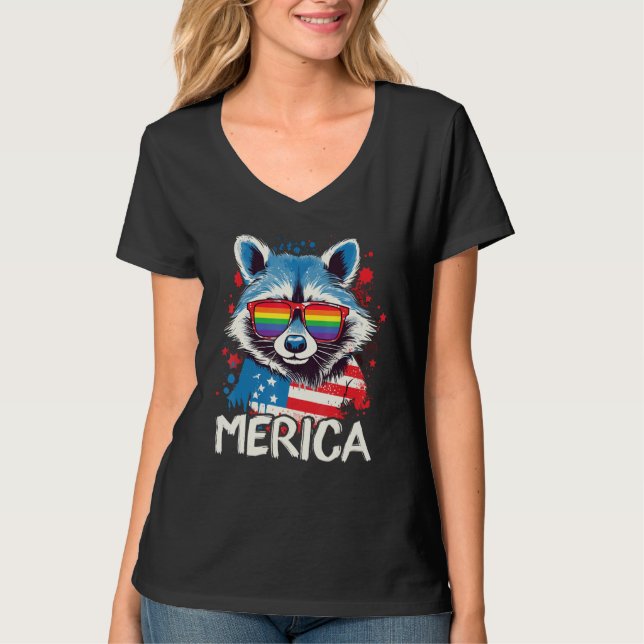 4th Of July Merica  Raccoon LGBT Pride Sunglasses  T-Shirt (Front)