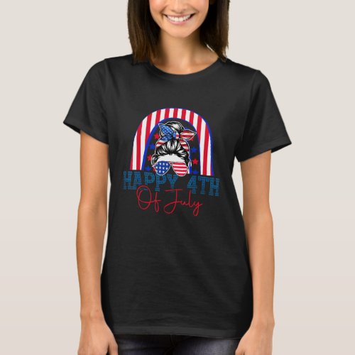 4th Of July Messy Bun American Usa Flag Glasses Ra T_Shirt