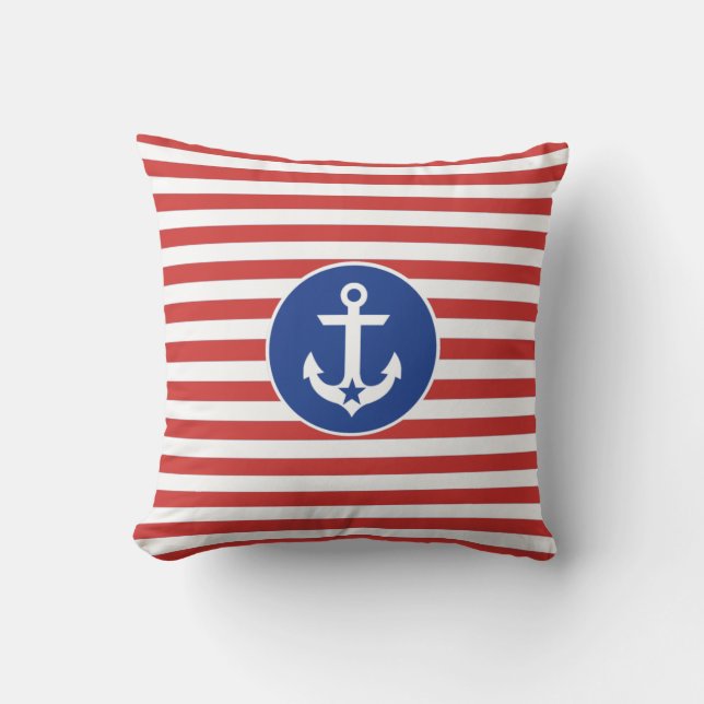 4th of July Nautical Anchor Striped Throw Pillow (Front)