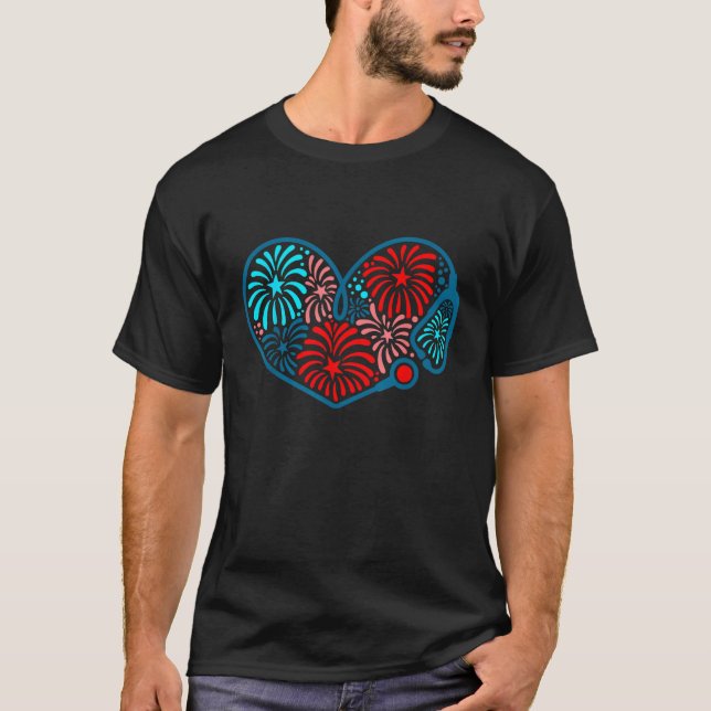 4th Of July Nurse Stethoscope Heart Fireworks Nurs T-Shirt (Front)