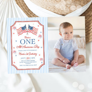 4th of July One All American Boy Birthday Photo Invitation