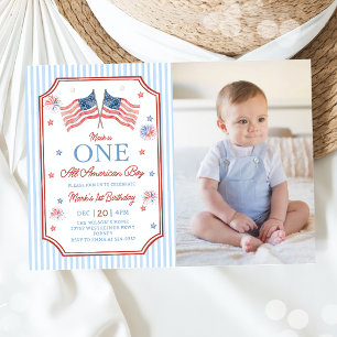 4th of July One All American Boy Birthday Photo Invitation