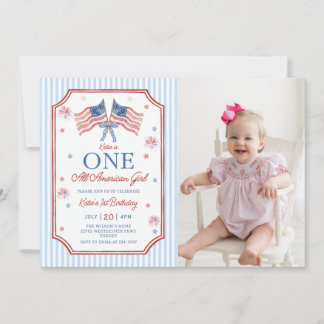 4th of July One All American Girl Birthday Photo Invitation
