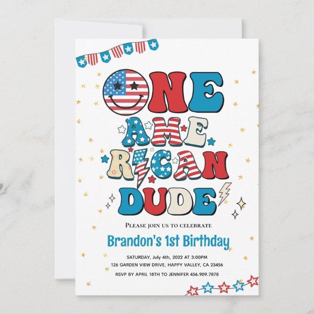 4th of July One American Dude Boy 1st Birthday Invitation (Front)