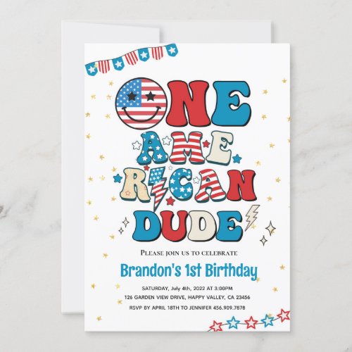 4th of July One American Dude Boy 1st Birthday Invitation