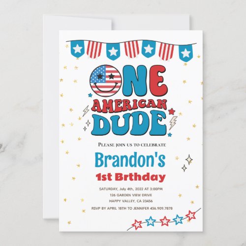 4th of July One American Dude Boy 1st Birthday Invitation