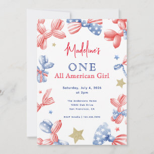 4th of July One American Girl 1st Birthday Invitation