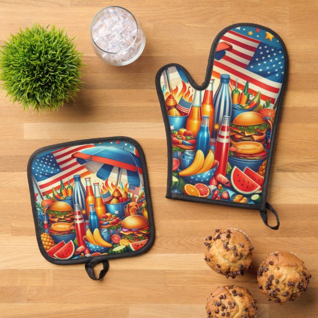 4th of July  Oven Mitt & Pot Holder Set (Top Down)