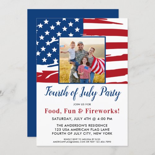 4th Of July Party American Flag Family Photo Invitation - USA American Flag 4th of July Party Invitations. Invite friends and family to your patriotic fourth of July celebration with these modern American Flag invitations. Personalize this american flag invitation with your event, name, photo, and party details.
See our collection for matching patriotic 4th of July gifts ,party favors, and supplies. COPYRIGHT © 2021 Judy Burrows, Black Dog Art - All Rights Reserved. 4th Of July Party American Flag Family Photo Invitation