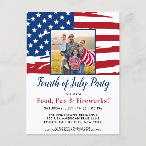 4th Of July Party American Flag Family Photo Invitation Postcard | Zazzle
