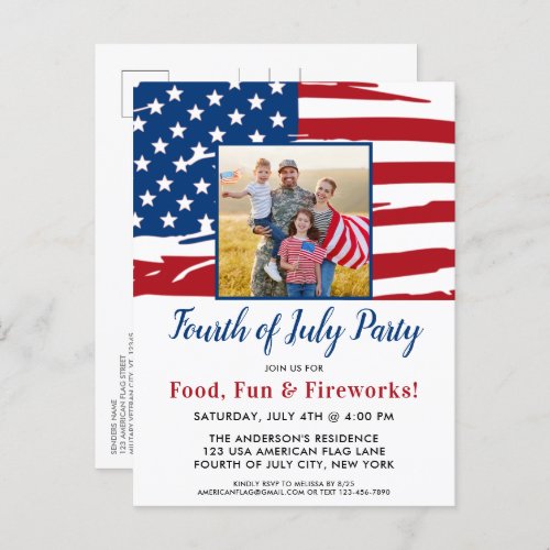 4th Of July Party American Flag Family Photo Invitation Postcard - USA American Flag 4th of July Party Invitations. Invite friends and family to your patriotic fourth of July celebration with these modern American Flag invitations. Personalize this american flag invitation with your event, name, photo, and party details.
See our collection for matching patriotic 4th of July gifts ,party favors, and supplies. COPYRIGHT © 2021 Judy Burrows, Black Dog Art - All Rights Reserved. 4th Of July Party American Flag Family Photo Invitation Postcard