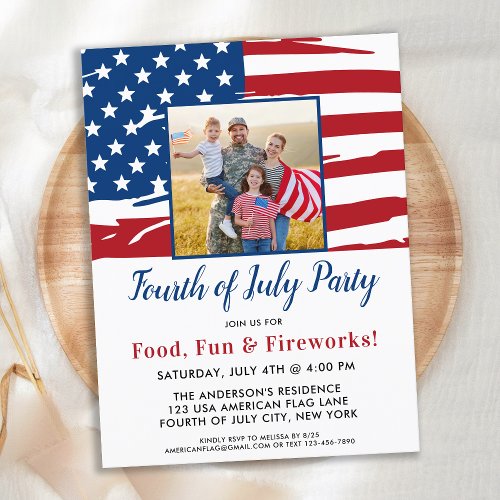 4th Of July Party American Flag Family Photo Invitation Postcard