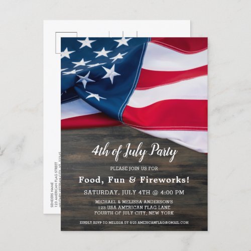 4th Of July Party American Flag Patriotic  Invitation Postcard - USA American Flag 4th of July Party Invitations. Invite friends and family to your patriotic fourth of July celebration with these modern American Flag invitations. Personalize this american flag invitation with your event, name, and party details.
See our collection for matching patriotic 4th of July gifts ,party favors, and supplies. COPYRIGHT © 2021 Judy Burrows, Black Dog Art - All Rights Reserved. 4th Of July Party American Flag Patriotic Invitation Postcard