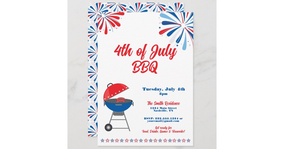 4th of July Party BBQ Patriotic Red White Blue Invitation | Zazzle