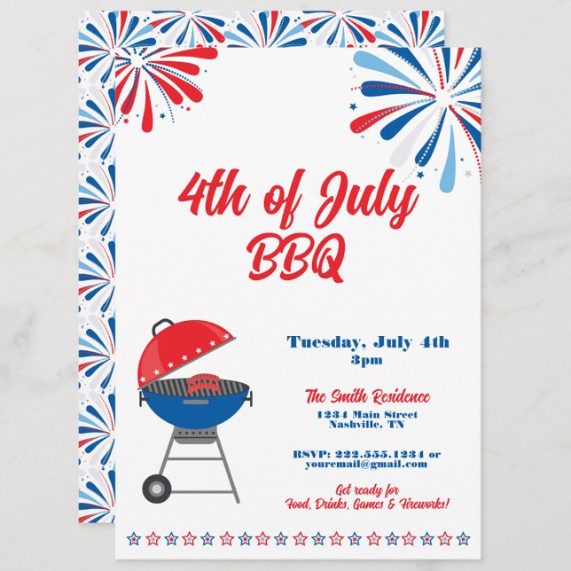 4th of July Party BBQ Patriotic Red White Blue Invitation (4th of July BBQ Party Invitation, Fourth of July Cookout, Patriotic Red White & Blue)