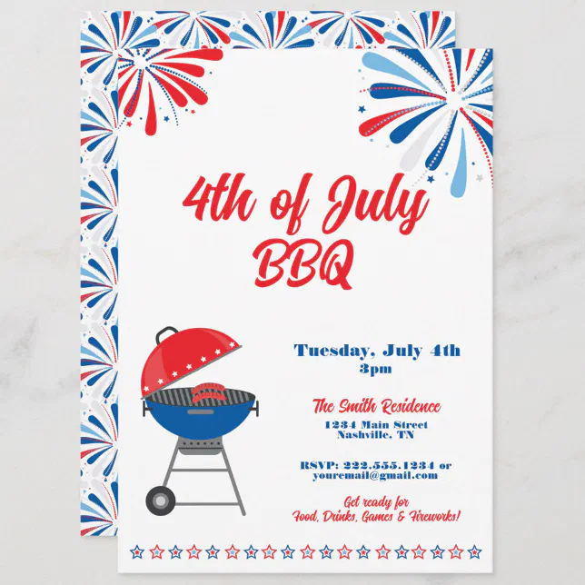 4th of July Party BBQ Patriotic Red White Blue Invitation | Zazzle