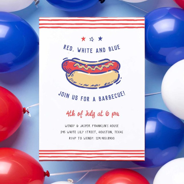 4th of July Party BBQ Quirky Hand-Drawn Invitation (Hot dog BBQ 4th of July party invitation)