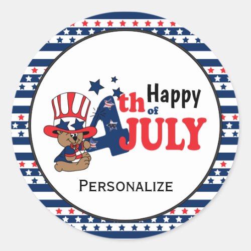 4th of July Party Celebration Bear  Classic Round Sticker