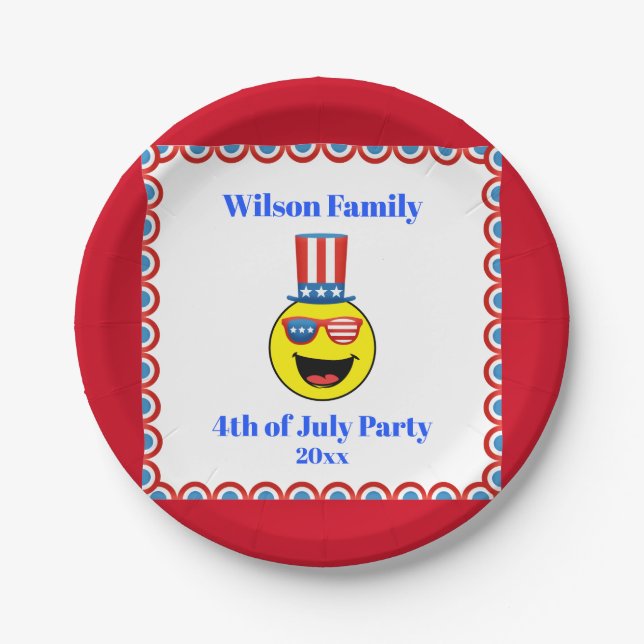 4th of July Party Cool Patriotic Emoji Paper Plates (Front)