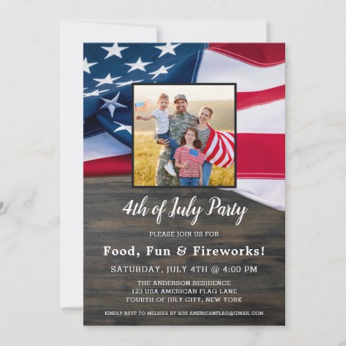 4th Of July Party Family Photo American Flag Invitation - USA American Flag 4th of July Party Invitations. Invite friends and family to your patriotic fourth of July celebration with these modern American Flag invitations. Personalize this american flag invitation with your event, name, photo,and party details.
See our collection for matching patriotic 4th of July gifts ,party favors, and supplies. COPYRIGHT © 2021 Judy Burrows, Black Dog Art - All Rights Reserved. 4th Of July Party Family Photo American Flag Invitation