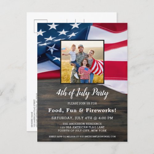 4th Of July Party Family Photo American Flag Invitation Postcard - USA American Flag 4th of July Party Invitations. Invite friends and family to your patriotic fourth of July celebration with these modern American Flag invitations. Personalize this american flag invitation with your event, name, photo,and party details.
See our collection for matching patriotic 4th of July gifts ,party favors, and supplies. COPYRIGHT © 2021 Judy Burrows, Black Dog Art - All Rights Reserved. 4th Of July Party Family Photo American Flag Invitation Postcard