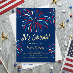 4th of July Party Festive Fireworks Real Gold Foil Invitation