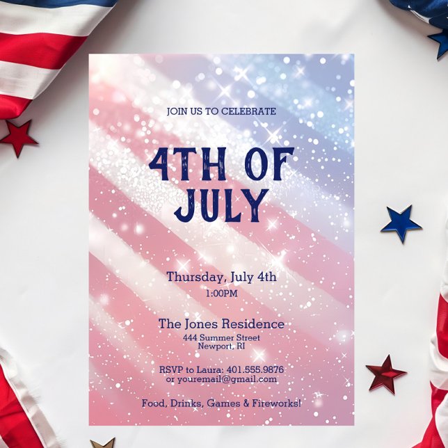 4th of July Party Glitter Red White Blue Patriotic Invitation (4th of July Glitter Red, White & Blue Party Invitation)