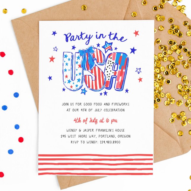 4th of July Party in the USA Hand-drawn Invitation (4th of July party in the USA invitation)