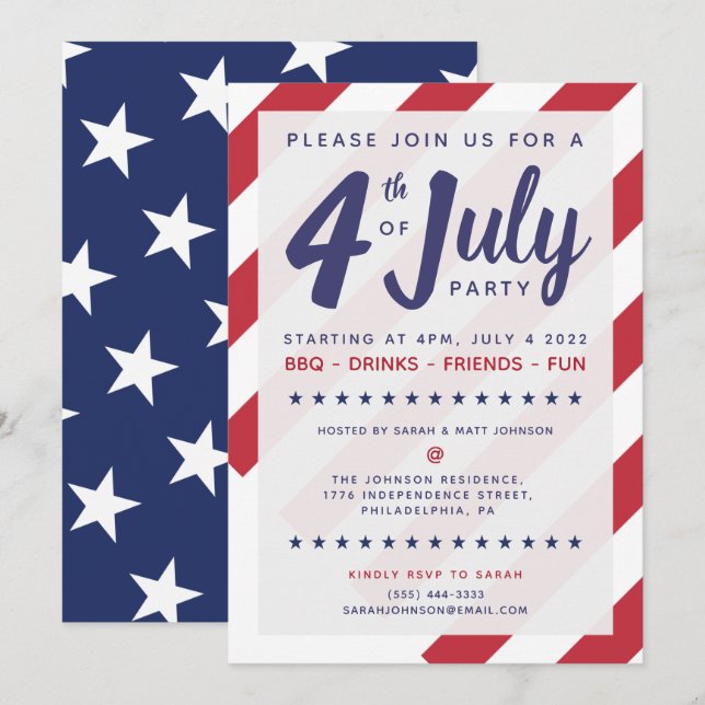 4th of July Party Invitation - Patriotic US Flag (Front/Back)