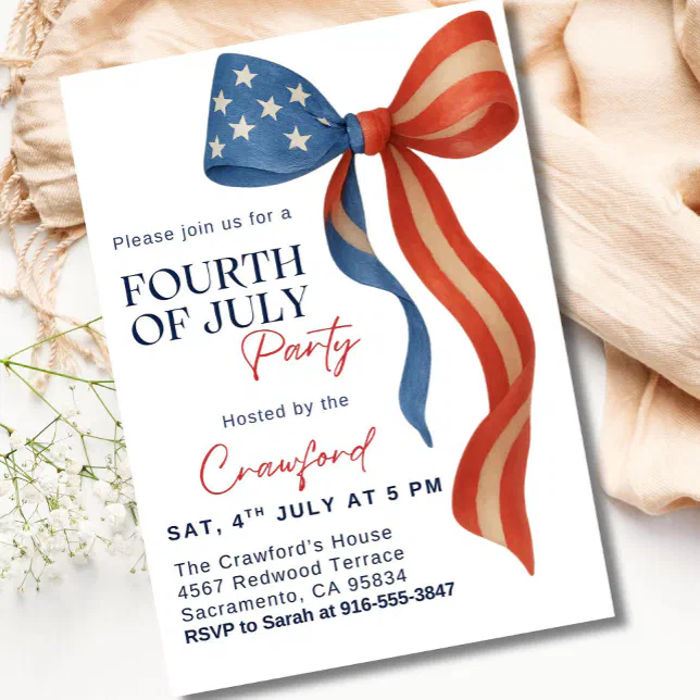 4th of July Party Invitation, Red White Blue Bow Invitation | Zazzle