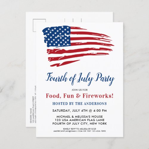 4th Of July Party Patriotic American Flag Invitation Postcard - USA American Flag 4th of July Party Invitations. Invite friends and family to your patriotic fourth of July celebration with these modern American Flag invitations. Personalize this american flag invitation with your event, name, and party details.
See our collection for matching patriotic 4th of July gifts ,party favors, and supplies. COPYRIGHT © 2021 Judy Burrows, Black Dog Art - All Rights Reserved. 4th Of July Party Patriotic American Flag Invitation Postcard