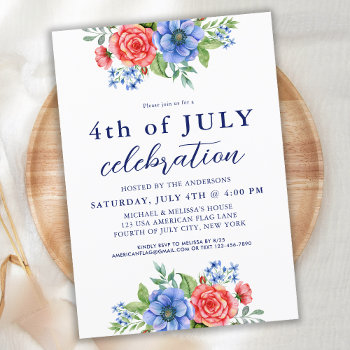 4th Of July Party Patriotic Floral Red White Blue Invitation by BlackDogArtJudy at Zazzle