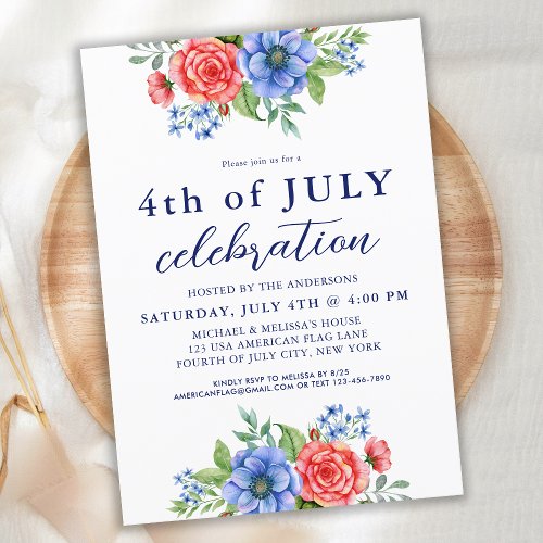 4th Of July Party Patriotic Floral Red White Blue Invitation