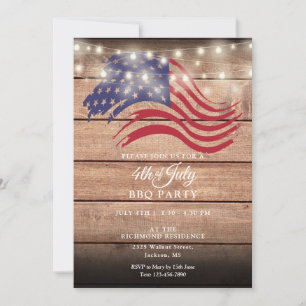 4th Of July Party Rustic Wood String Lights Invitation