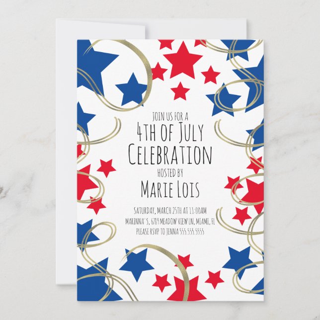  4th of July  Party Stars Faux Gold Swirls Invitation (Front)