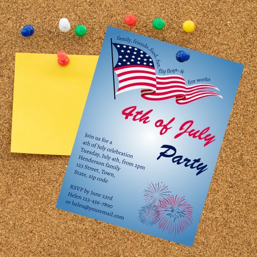 4th of July Party with American flag and fire work Invitation