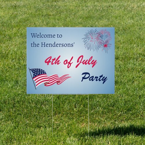 4th of July Party with American flag  fire works Sign