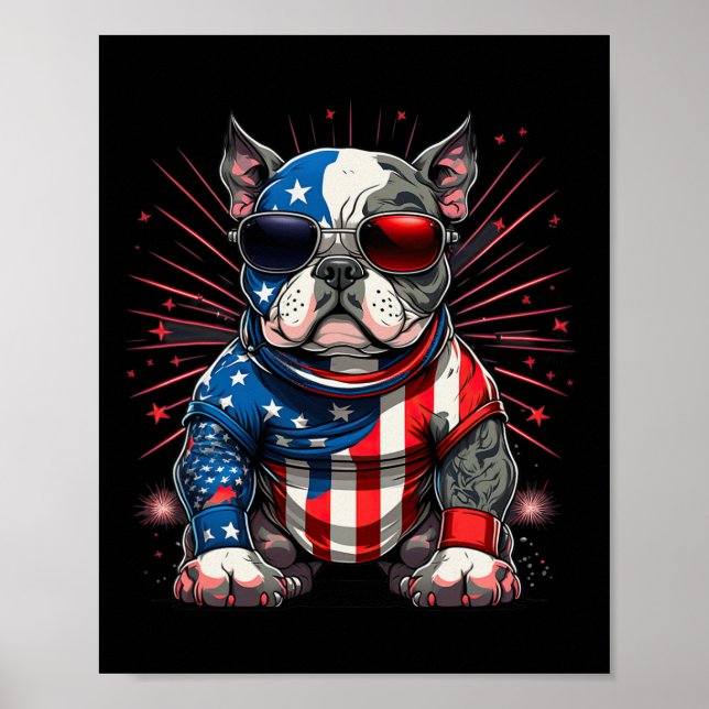 4th Of July Patriotic American Bully Dog Us Flag  Poster (Front)