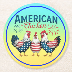 4th of July Patriotic American Chicken Design Round Paper Coaster