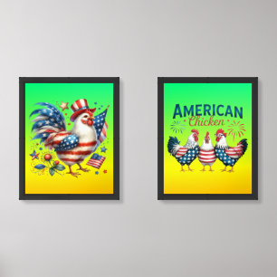 4th of July Patriotic American Chicken Design Wall Art Sets