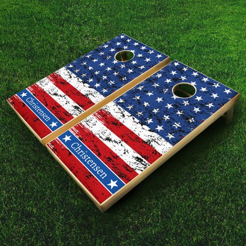 4th of July Patriotic American Flag Monogram Name Cornhole Set