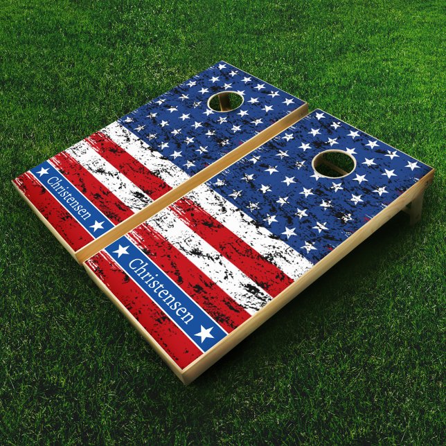 4th of July Patriotic American Flag Monogram Name Cornhole Set (Creator Uploaded)