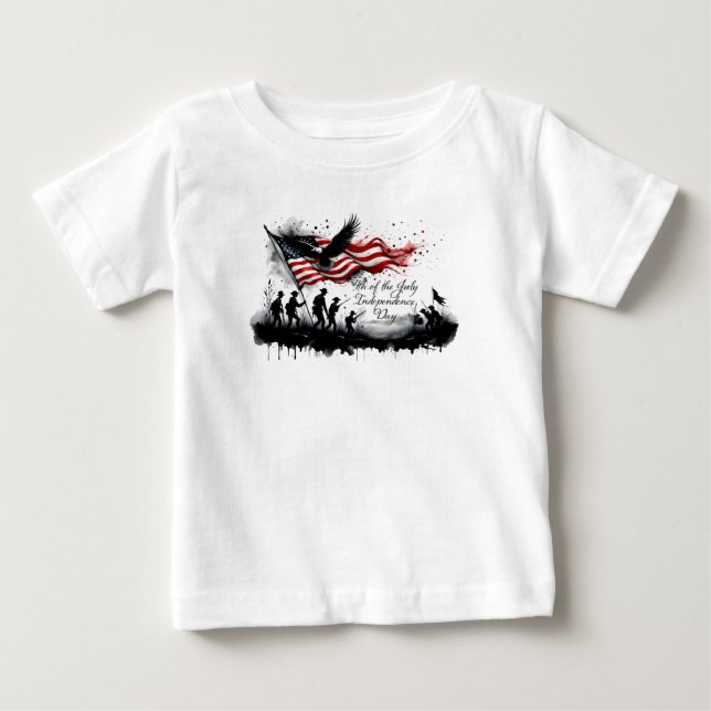 4th of July Patriotic Art with Flag & Soldiers Baby T-Shirt (Front)