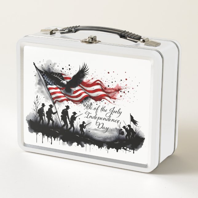 4th of July Patriotic Art with Flag & Soldiers Metal Lunch Box (Front)